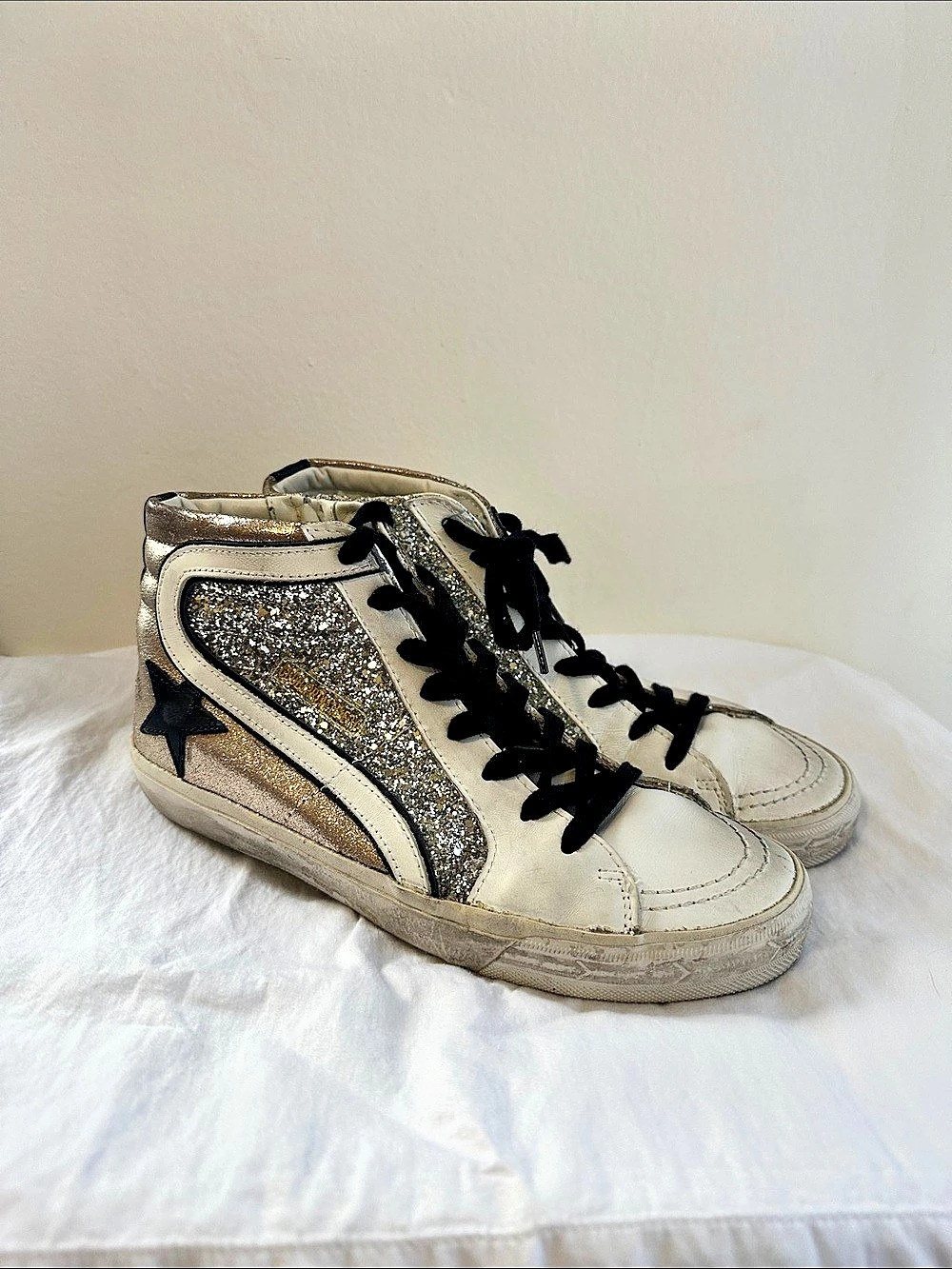 Golden Goose Slide High-Top Sneakers White, Silver Glitter & Rose Gold/ size 9